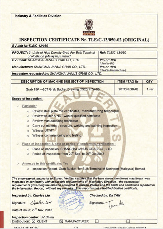Bureau Veritas — Inspection Certificate, 20T Grab Bucket