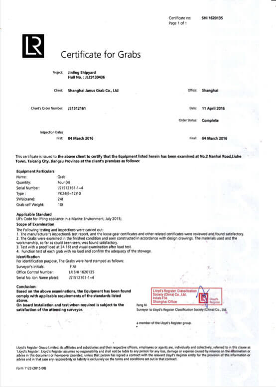 Lloyd's Register — Certificate for Grabs