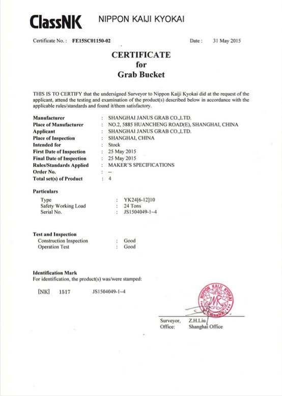 ClassNK — Certificate for Grab Bucket